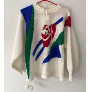 80s vintage colorful sparkly floral abstract print knit sweater with pom poms
